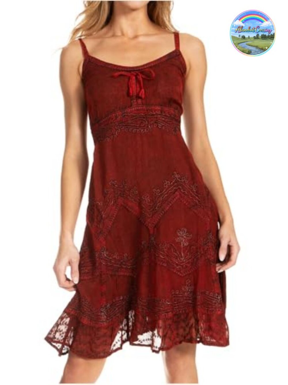 Sakkas Stonewashed Rayon Embroidered Midi Dress Spaghetti Strap